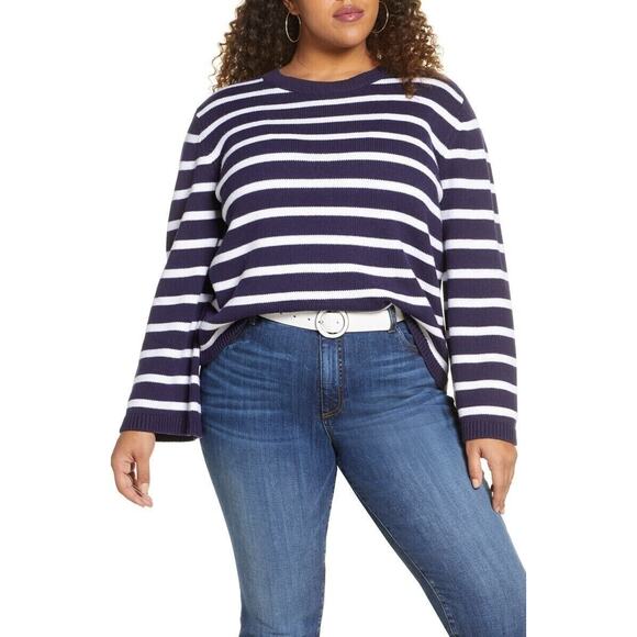 Halogen X Atlantic-Pacific Crew Sweater Sz Large Navy/White Cathy Stripes NWT - Picture 1 of 8